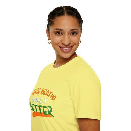 Uisce Beatha makes it better Orange, White, and Green font Light colors Unisex T-Shirt by cypherpunkgear.com