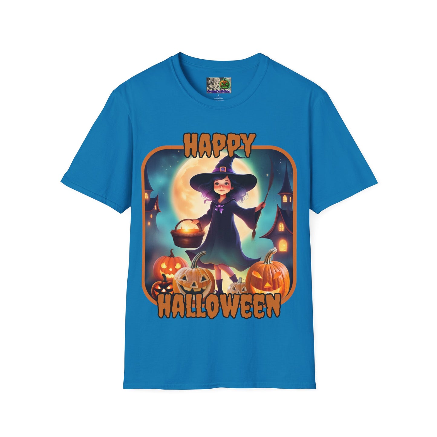 Happy Halloween Little Witch Orange font, Dark colors, Unisex T-Shirt by CreepyCrafts.boo