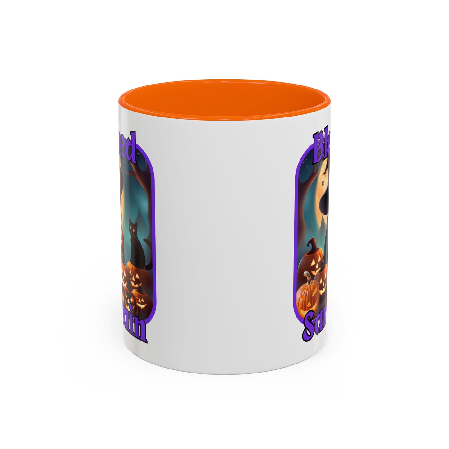 Blessed Samhain Cute Witch Purple font White Accent Mug by CreepyCrafts.boo
