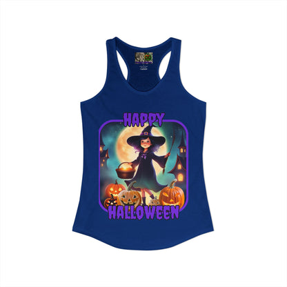 Happy Halloween Little Witch Purple font Women's Racerback Tank Top by CreepyCrafts.boo
