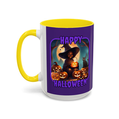 Happy Halloween Cute Witch Purple font Purple Accent Mug by CreepyCrafts.boo
