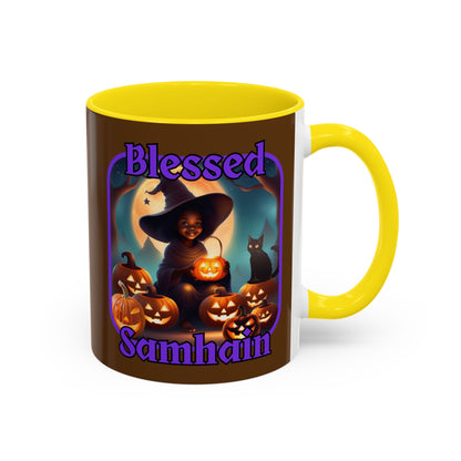 Blessed Samhain Cute Witch Purple font Brown Accent Mug by CreepyCrafts.boo