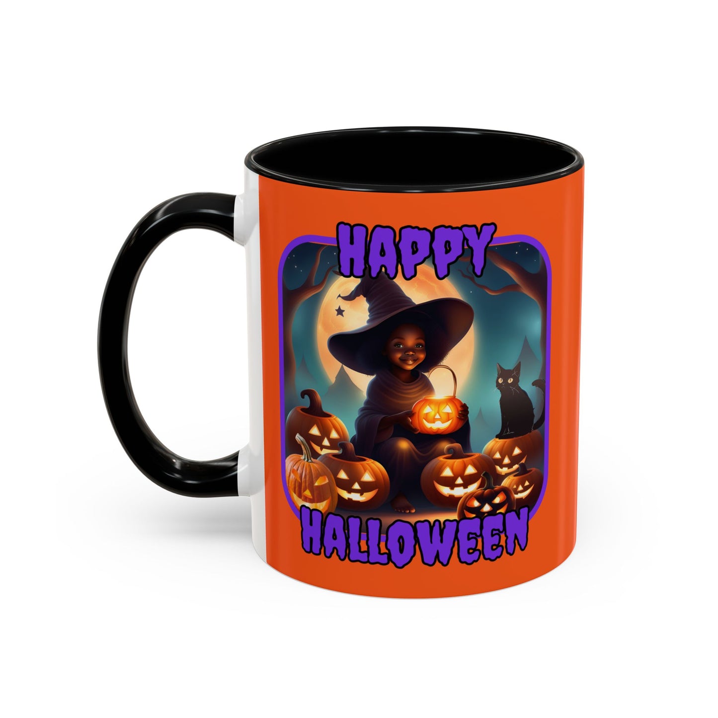 Happy Halloween Cute Witch Purple font Orange Accent Mug by CreepyCrafts.boo