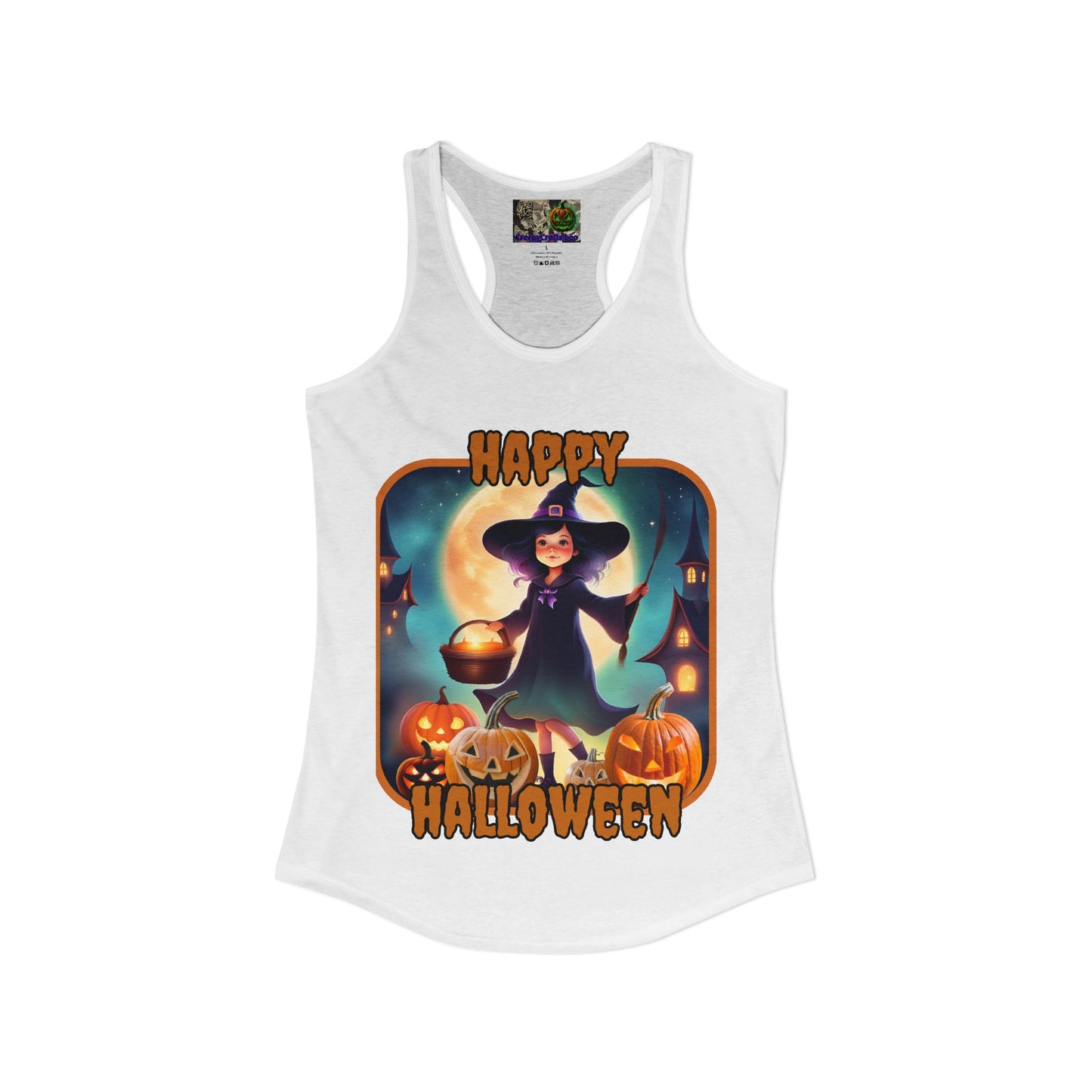 Happy Halloween Little Witch Orange font Women's Racerback Tank Top by CreepyCrafts.boo