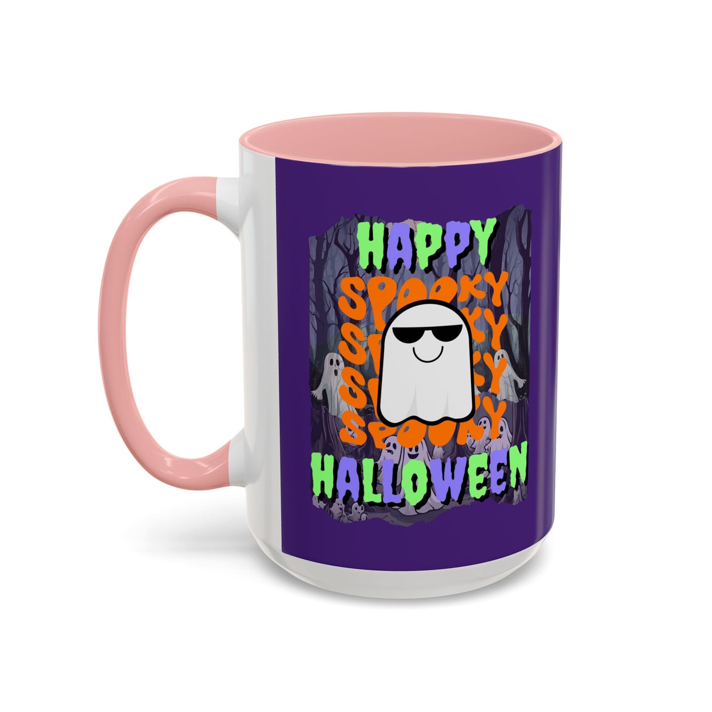 Spooky Happy Halloween Ghost Mixed font Purple Accent Mug by CreepyCrafts.boo