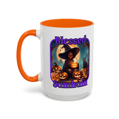 Blessed Samhain Cute Witch Purple font White Accent Mug by CreepyCrafts.boo