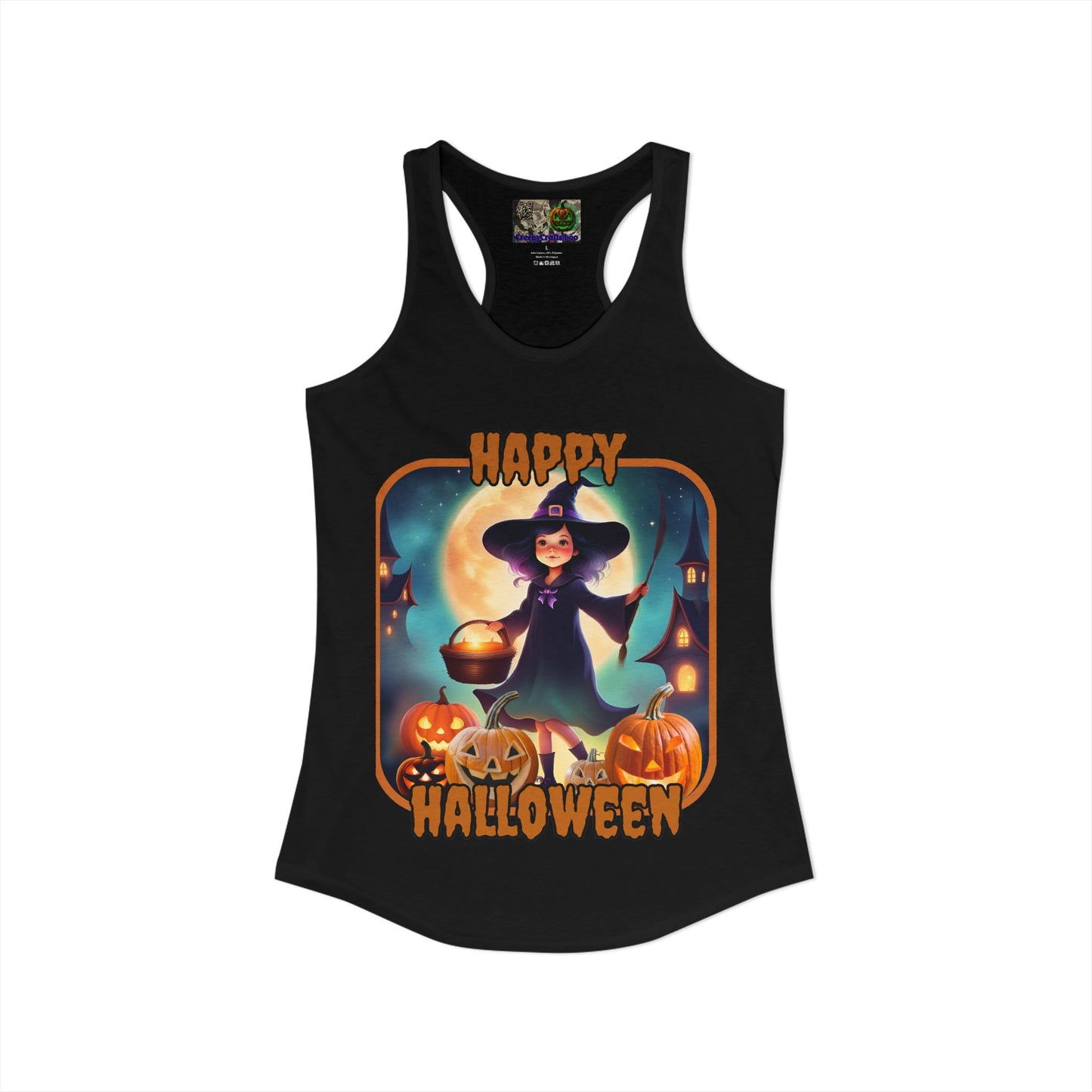Happy Halloween Little Witch Orange font Women's Racerback Tank Top by CreepyCrafts.boo
