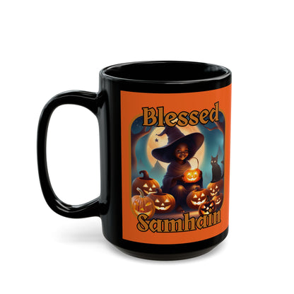 Blessed Samhain Cute Witch Orange font Orange Mug by CreepyCrafts.boo