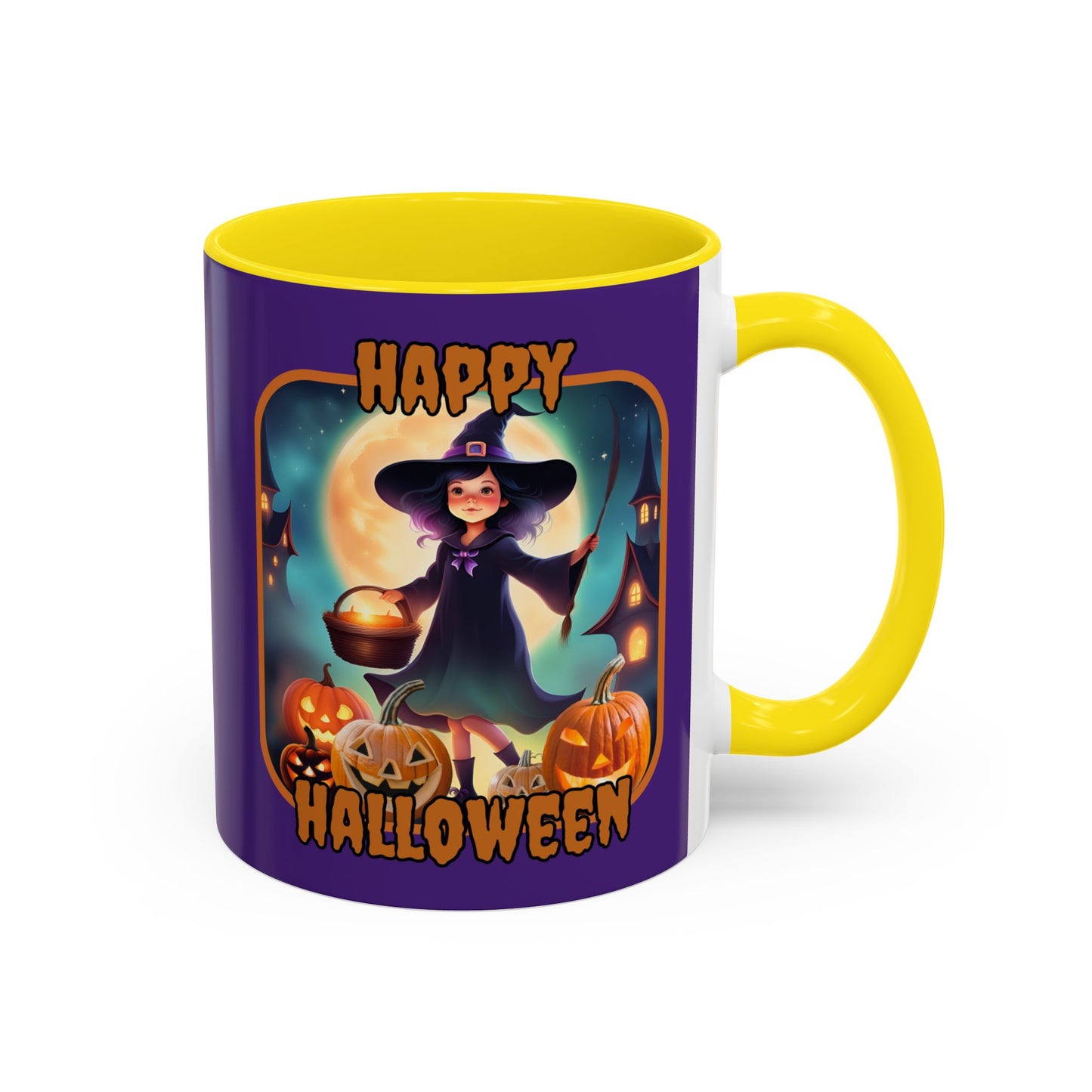 Happy Halloween Little Witch Orange font Purple Accent Mug by CreepyCrafts.boo