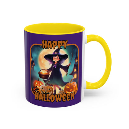 Happy Halloween Little Witch Orange font Purple Accent Mug by CreepyCrafts.boo