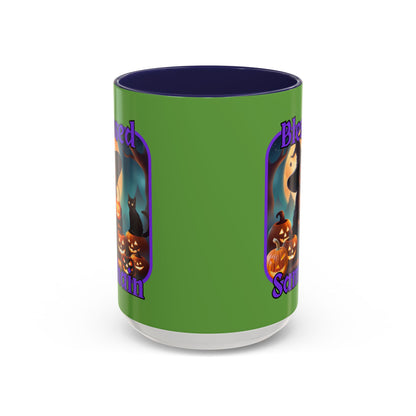Blessed Samhain Cute Witch Purple font Green Accent Mug by CreepyCrafts.boo