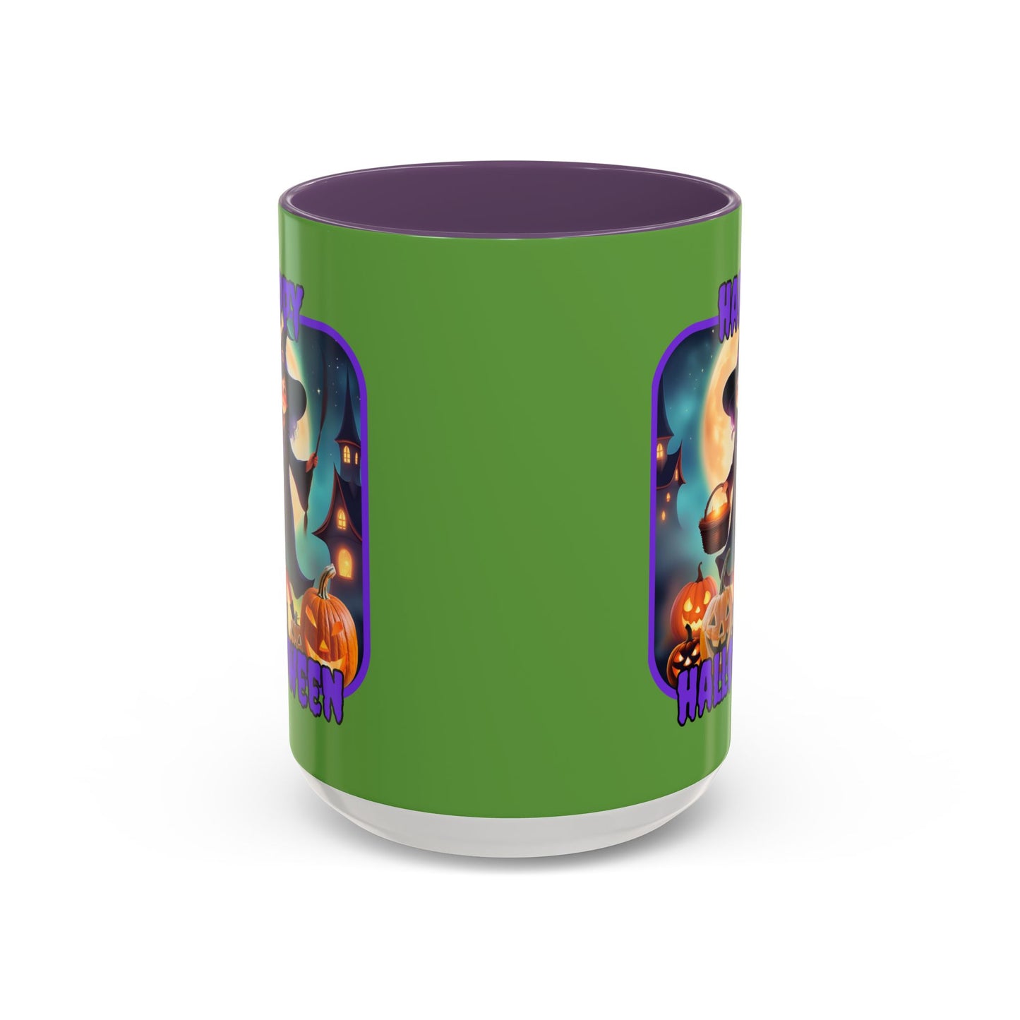 Happy Halloween Little Witch Purple font Green Accent Mug by CreepyCrafts.boo