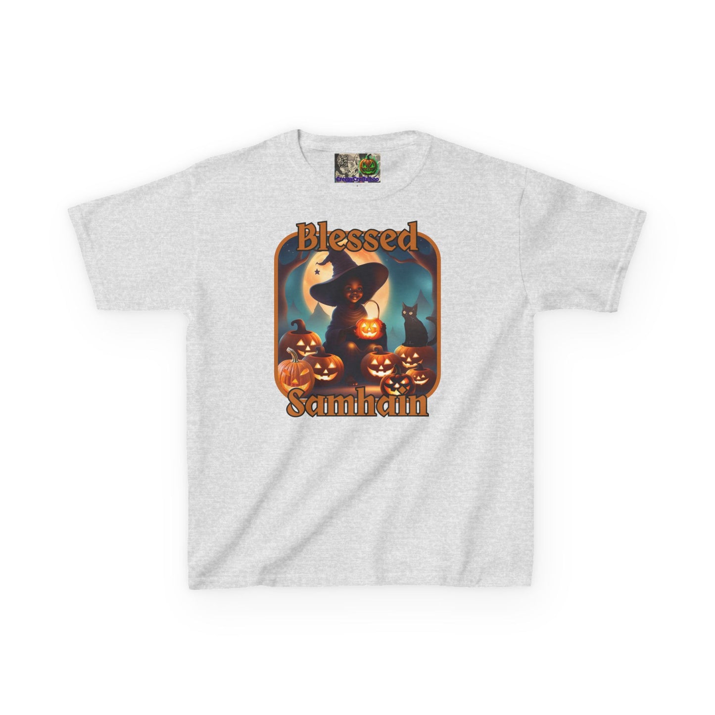 Blessed Samhain Cute Witch Orange font Kids Heavy Cotton™ Tee by CreepyCrafts.boo