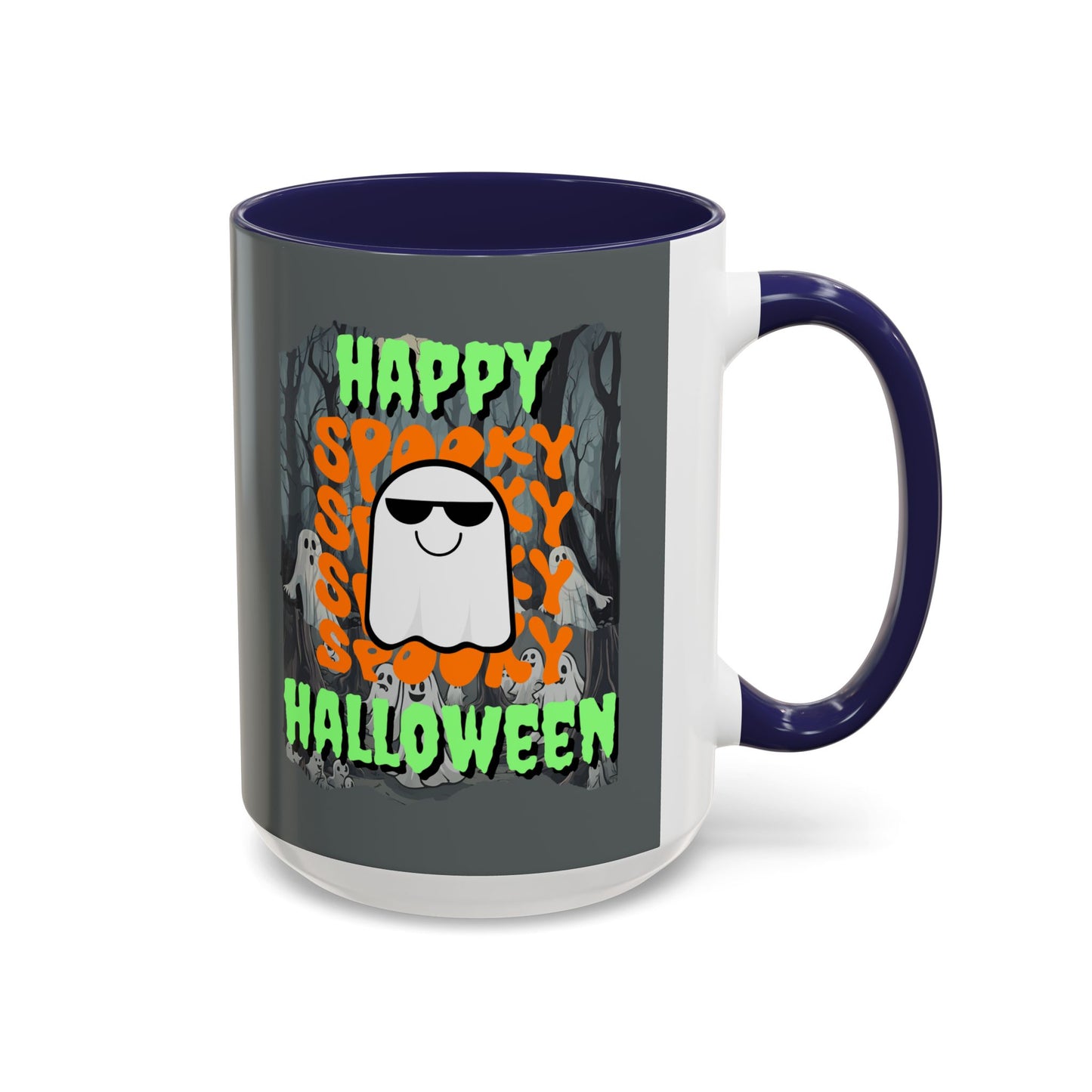 Spooky Happy Halloween Ghost Green font Grey Accent Mug by CreepyCrafts.boo