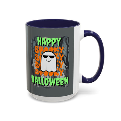 Spooky Happy Halloween Ghost Green font Grey Accent Mug by CreepyCrafts.boo