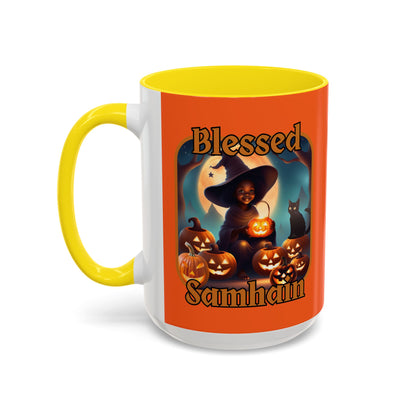 Blessed Samhain Cute Witch Orange font Orange Accent Mug by CreepyCrafts.boo