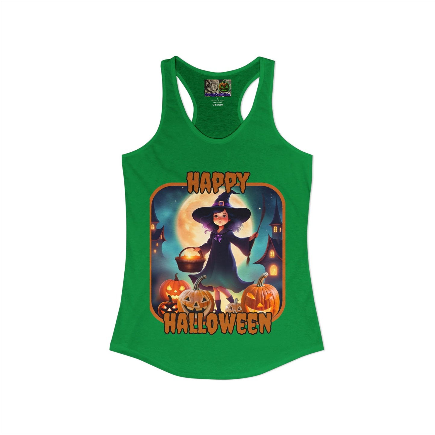 Happy Halloween Little Witch Orange font Women's Racerback Tank Top by CreepyCrafts.boo