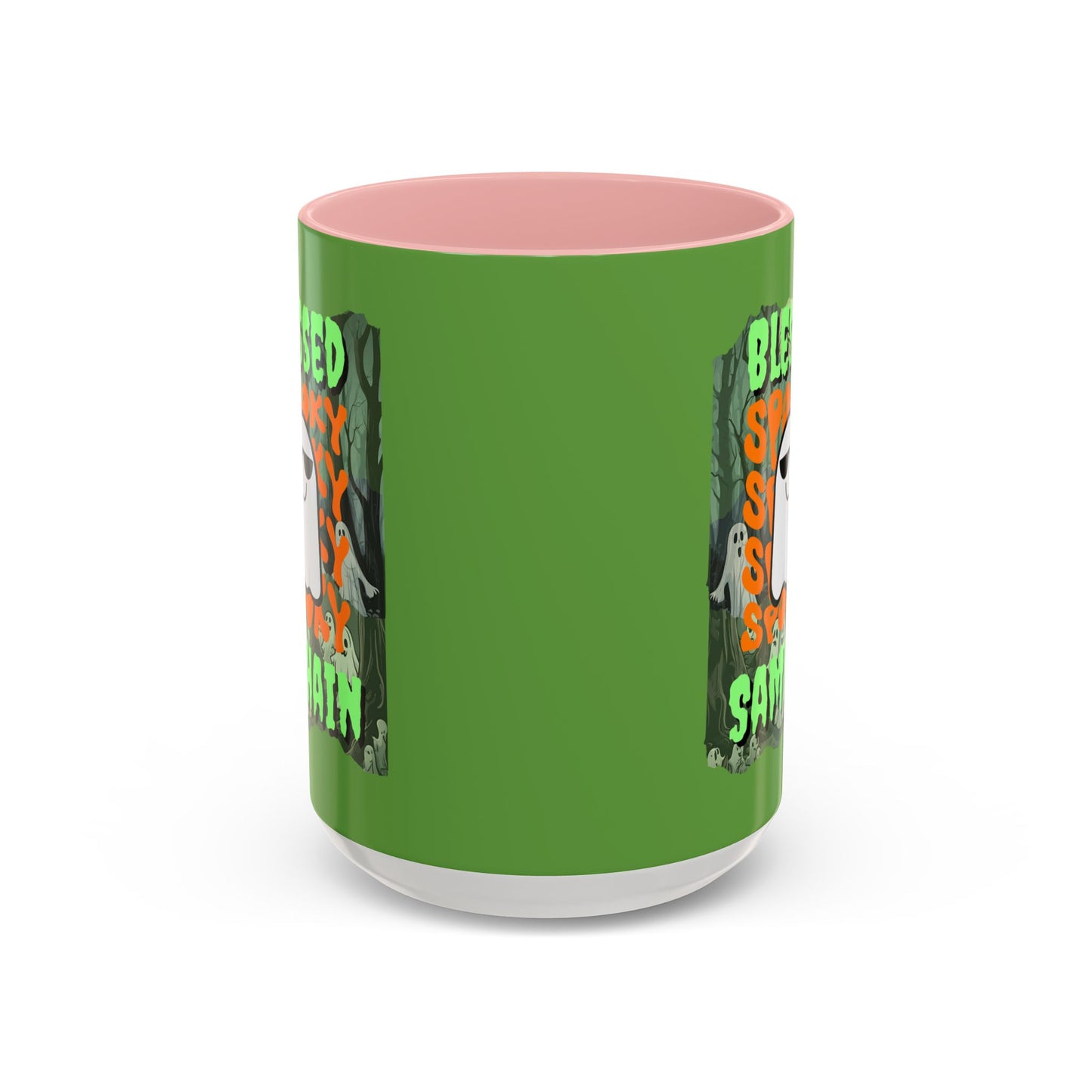 Spooky Blessed Samhain Ghost Green font Accent Mug by CreepyCrafts.boo