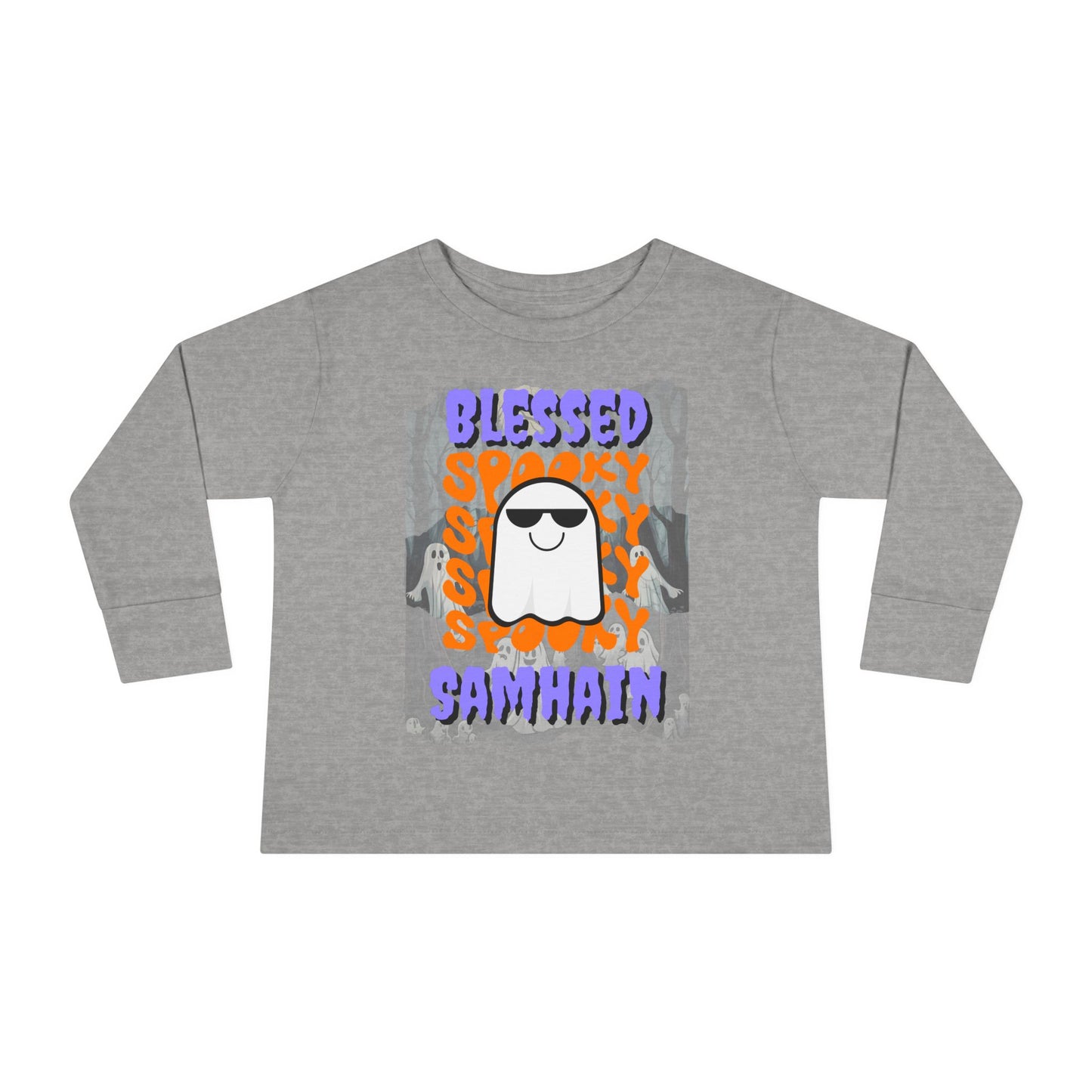 Spooky Blessed Samhain Ghost Purple font Toddler Long Sleeve Tee by CreepyCrafts.boo