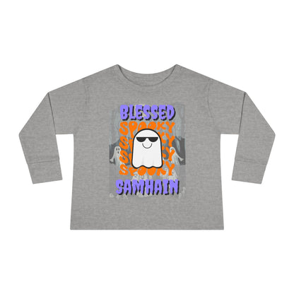 Spooky Blessed Samhain Ghost Purple font Toddler Long Sleeve Tee by CreepyCrafts.boo