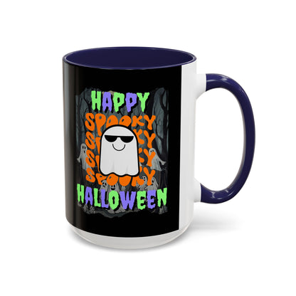 Spooky Happy Halloween Ghost Mixed font Black Accent Mug by CreepyCrafts.boo