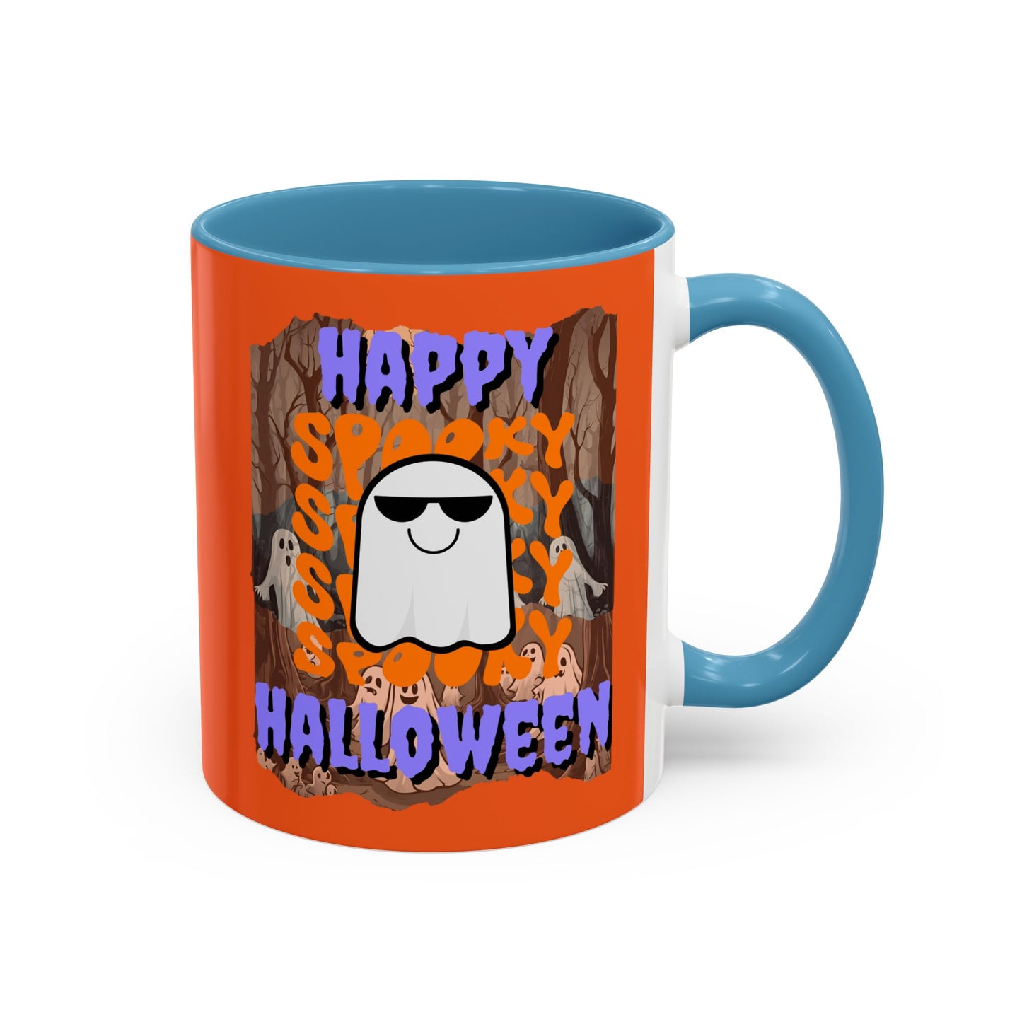 Spooky Happy Halloween Ghost Purple font Orange Accent Mug by CreepyCrafts.boo