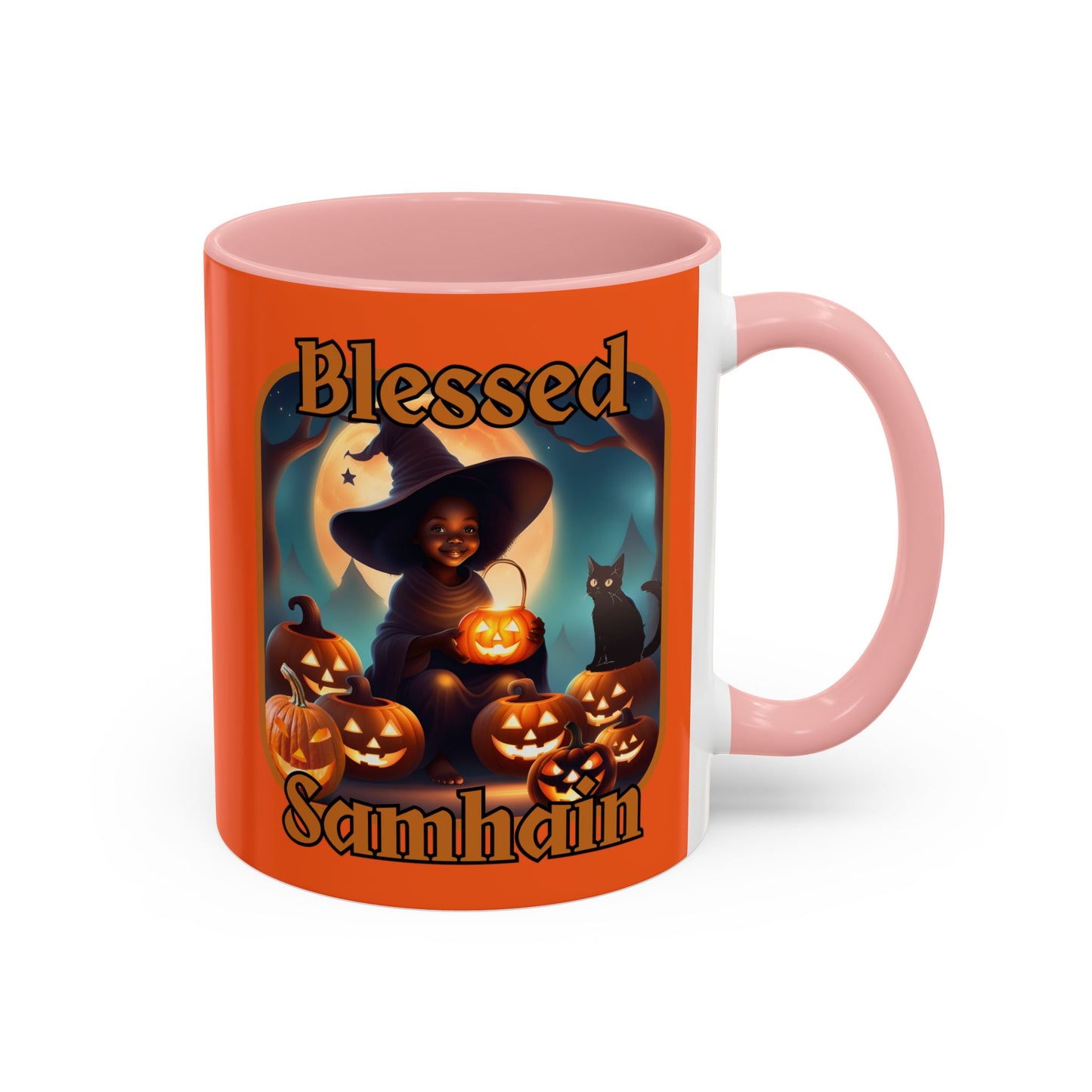 Blessed Samhain Cute Witch Orange font Orange Accent Mug by CreepyCrafts.boo