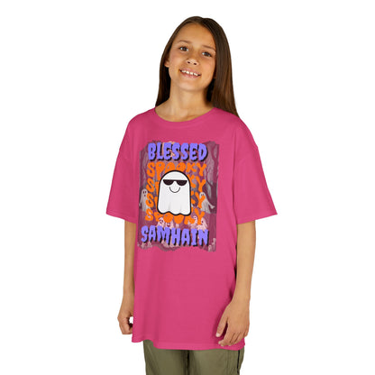 Spooky Blessed Samhain Ghost Purple font Kids Heavy Cotton™ Tee by CreepyCrafts.boo