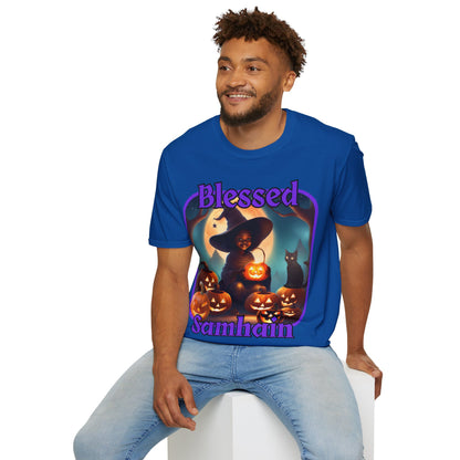 Blessed Samhain Cute Witch Purple font Dark colors Unisex T-Shirt by CreepyCrafts.boo