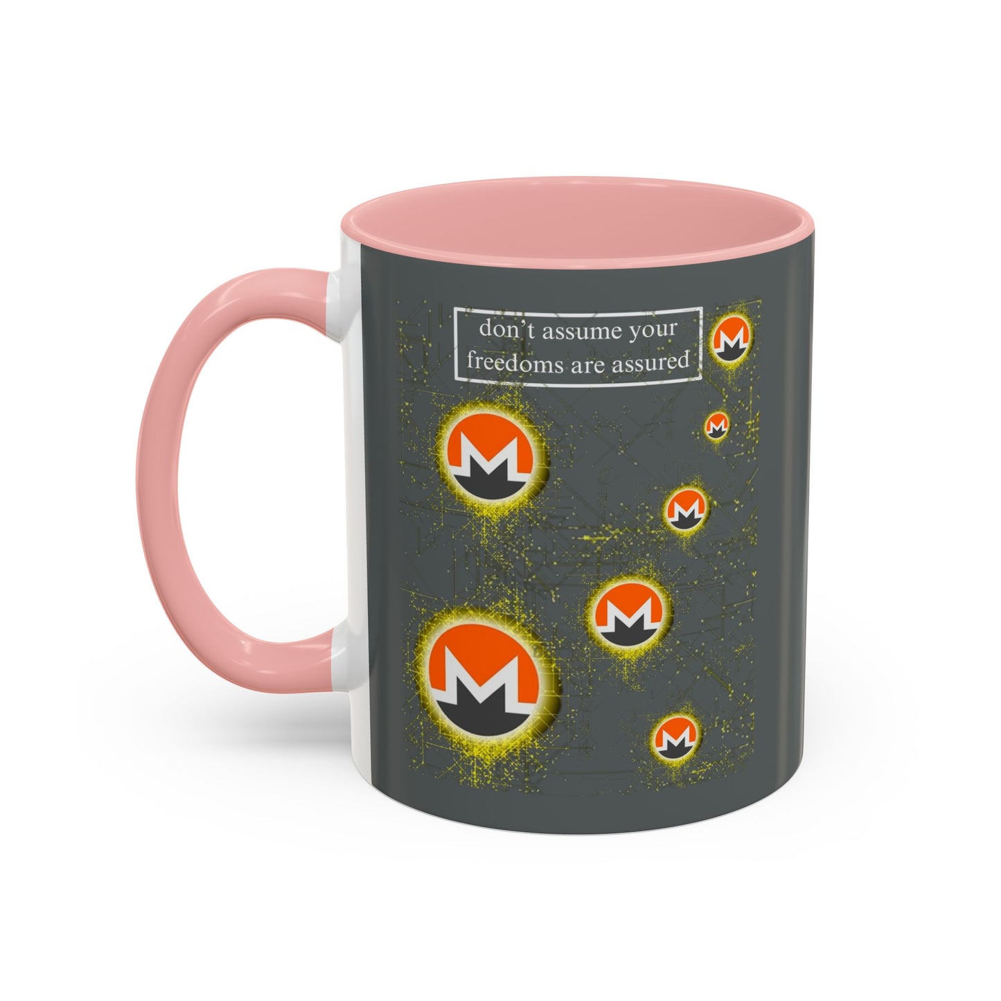 Monero (XMR) don't assume your freedoms are assured Grey Accent Mug by cypherpunkgear.com