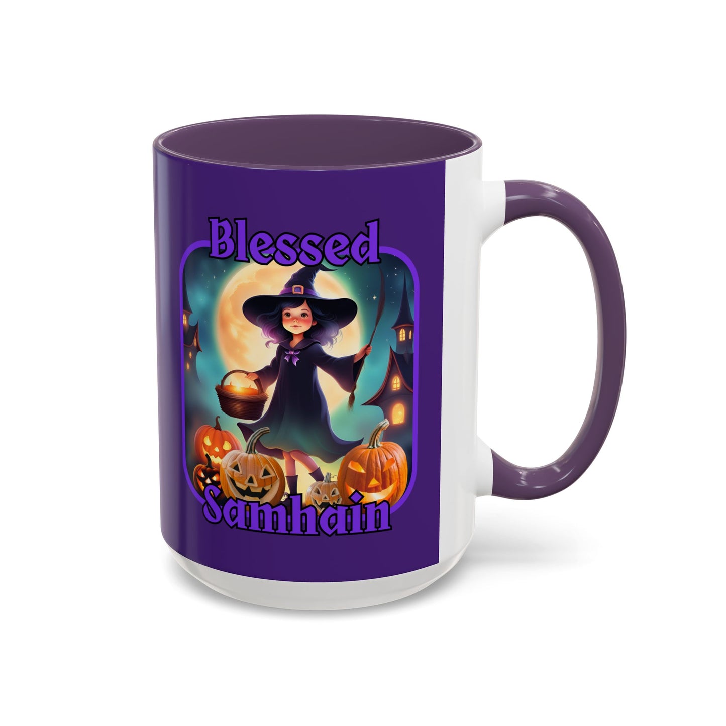 Blessed Samhain Little Witch Purple font Purple Accent Mug by CreepyCrafts.boo