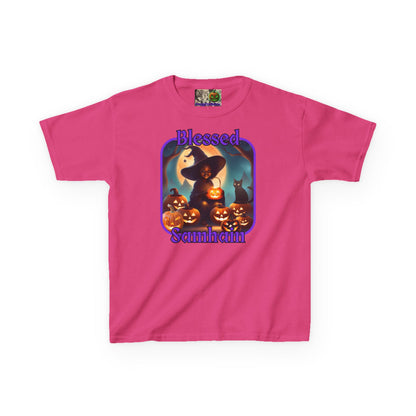 Blessed Samhain Cute Witch Purple font Kids Heavy Cotton™ Tee by CreepyCrafts.boo