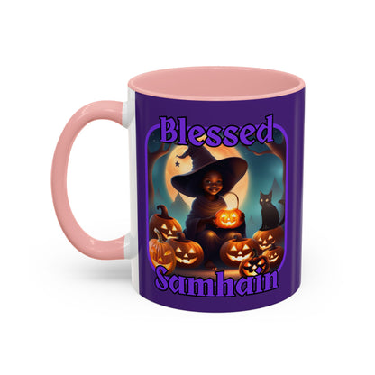 Blessed Samhain Cute Witch Purple font Purple Accent Mug by CreepyCrafts.boo