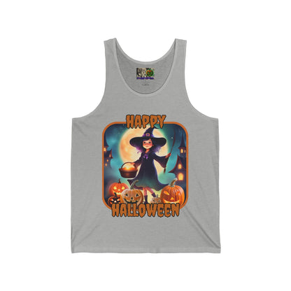 Happy Halloween Little Witch Orange font Unisex Jersey Tank Top by CreepyCrafts.boo
