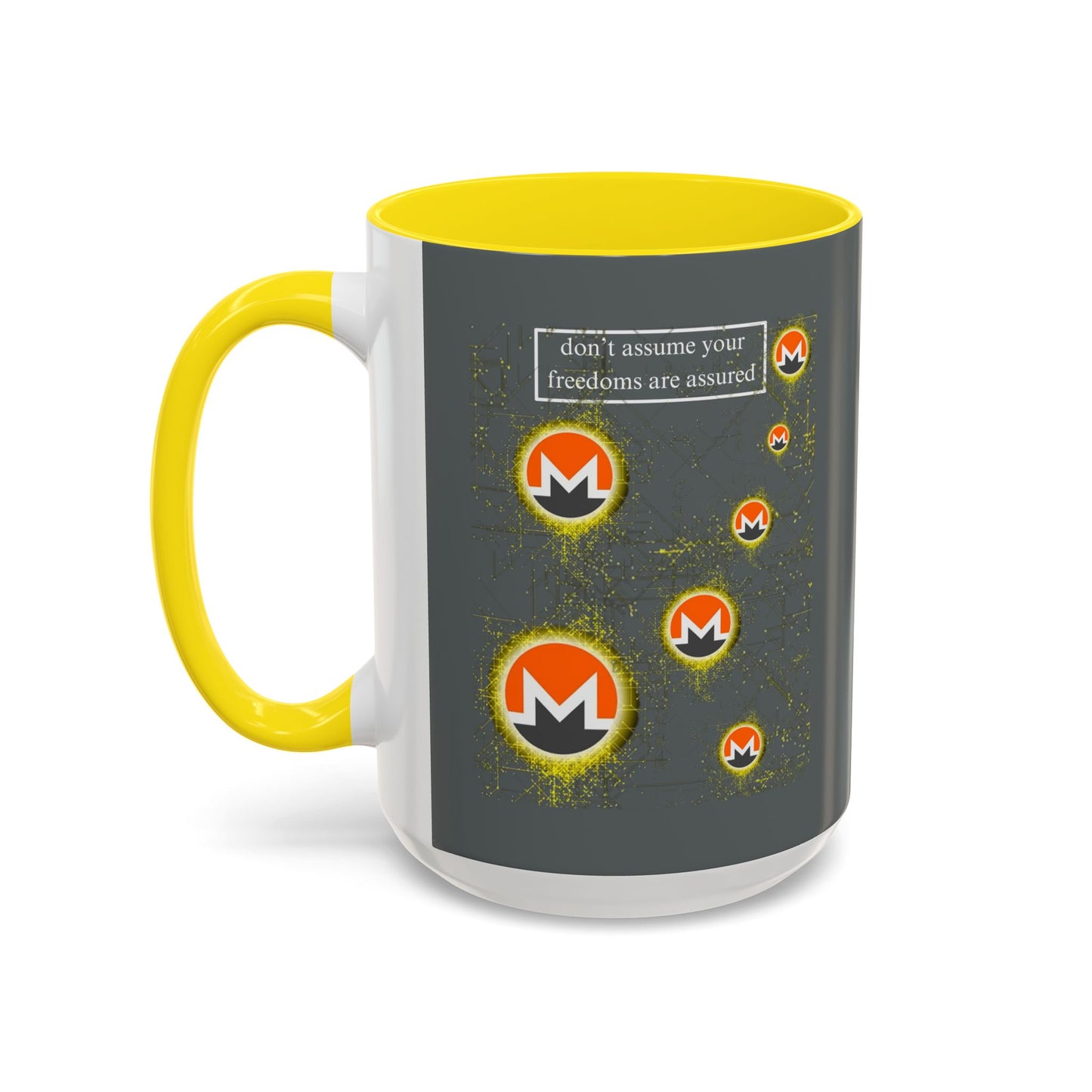 Monero (XMR) don't assume your freedoms are assured Grey Accent Mug by cypherpunkgear.com