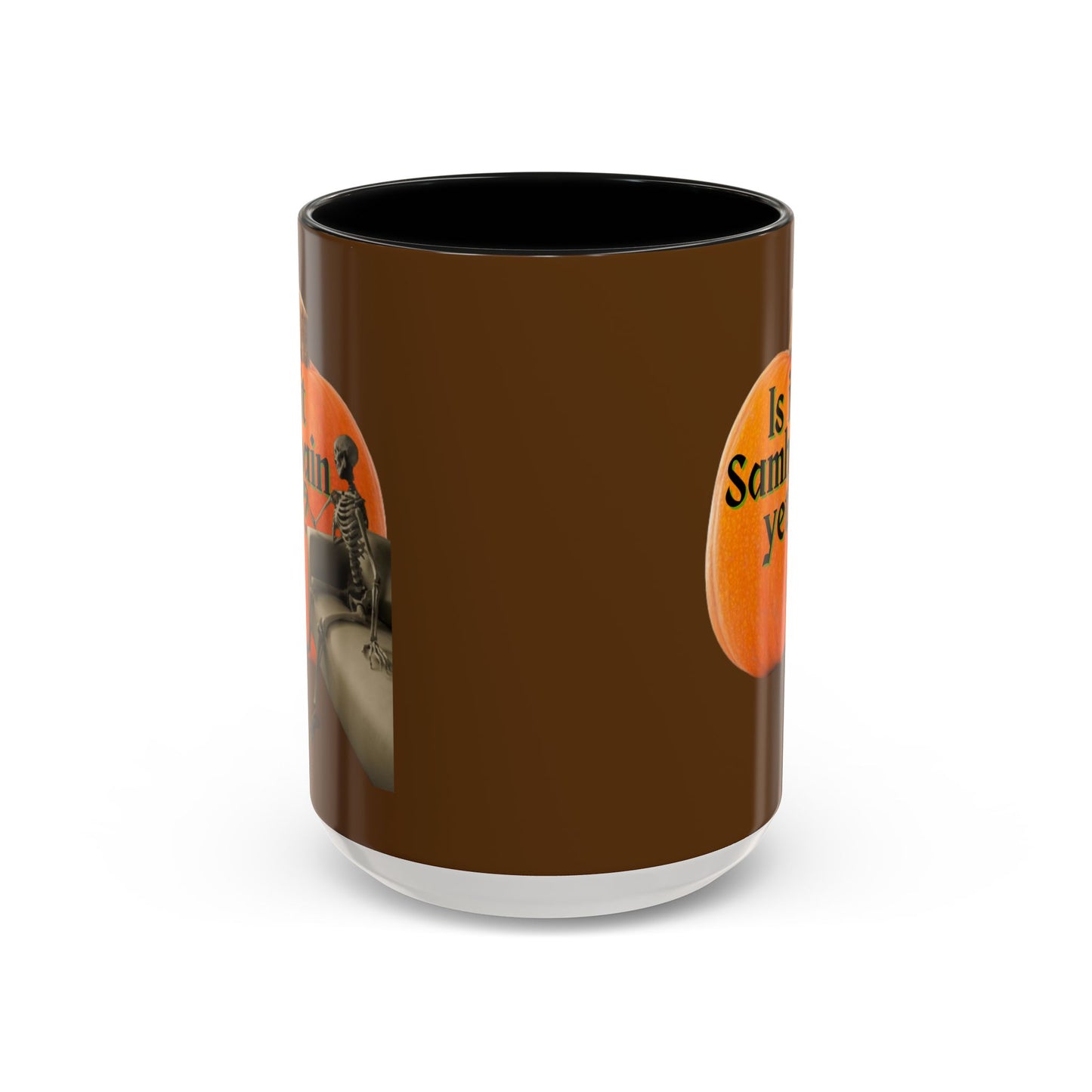 Is It Samhain Yet? Skeleton's Giant Pumpkin Brown Accent Mug by CreepyCrafts.boo