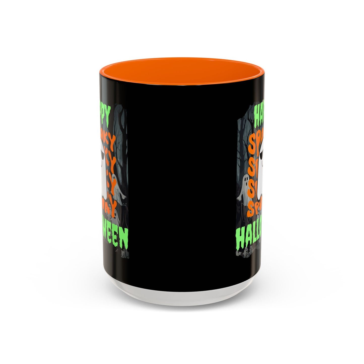 Spooky Happy Halloween Ghost Green font Black Accent Mug by CreepyCrafts.boo