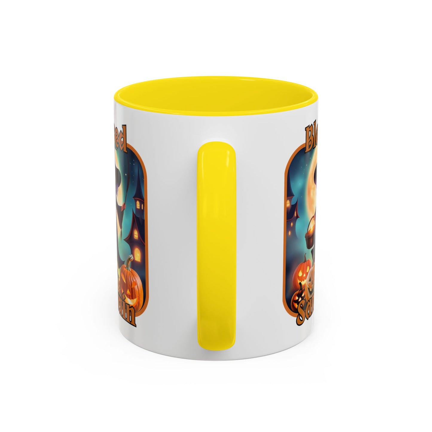 Blessed Samhain Little Witch Orange font White Accent Mug by CreepyCrafts.boo