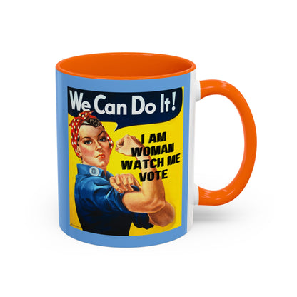 I Am Woman Watch Me Vote Rosie Light Blue Accent Mug by cypherpunkgear.com