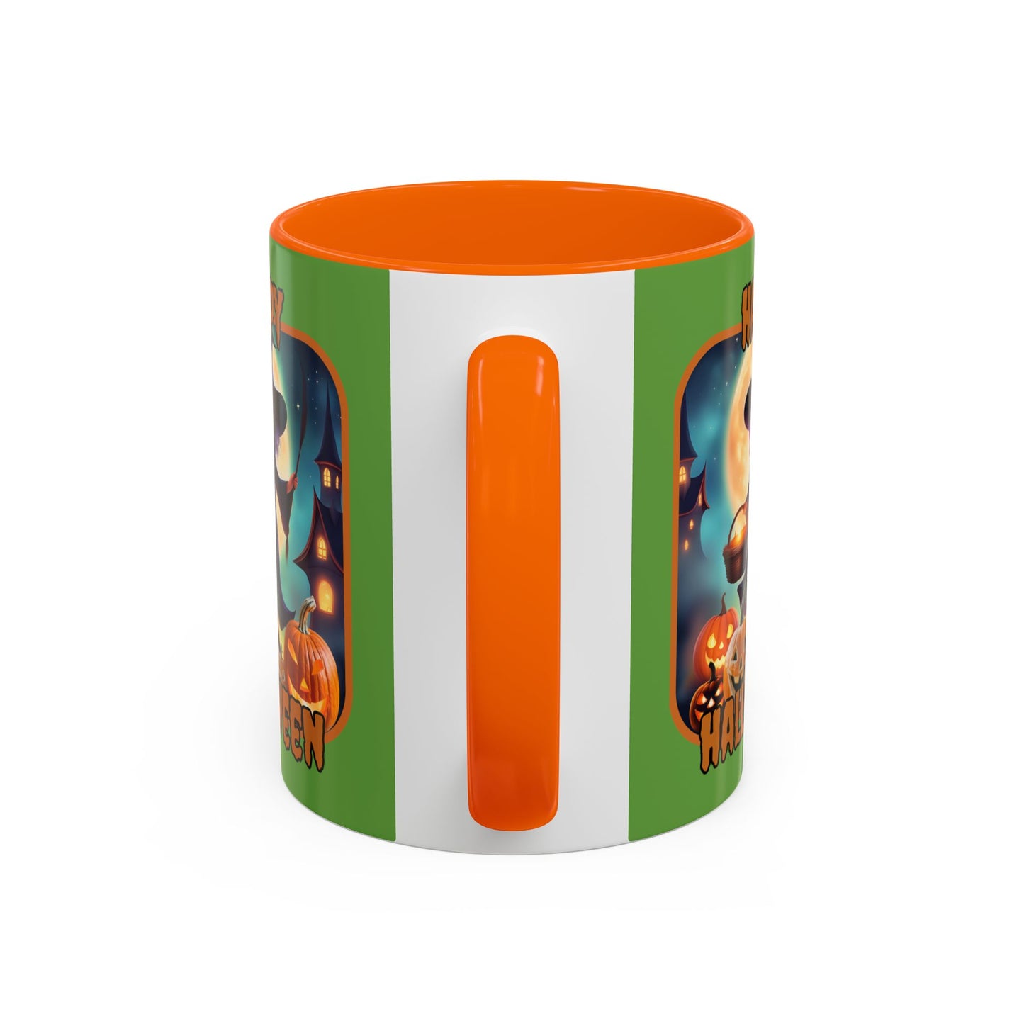 Happy Halloween Little Witch Orange font Green Accent Mug by CreepyCrafts.boo