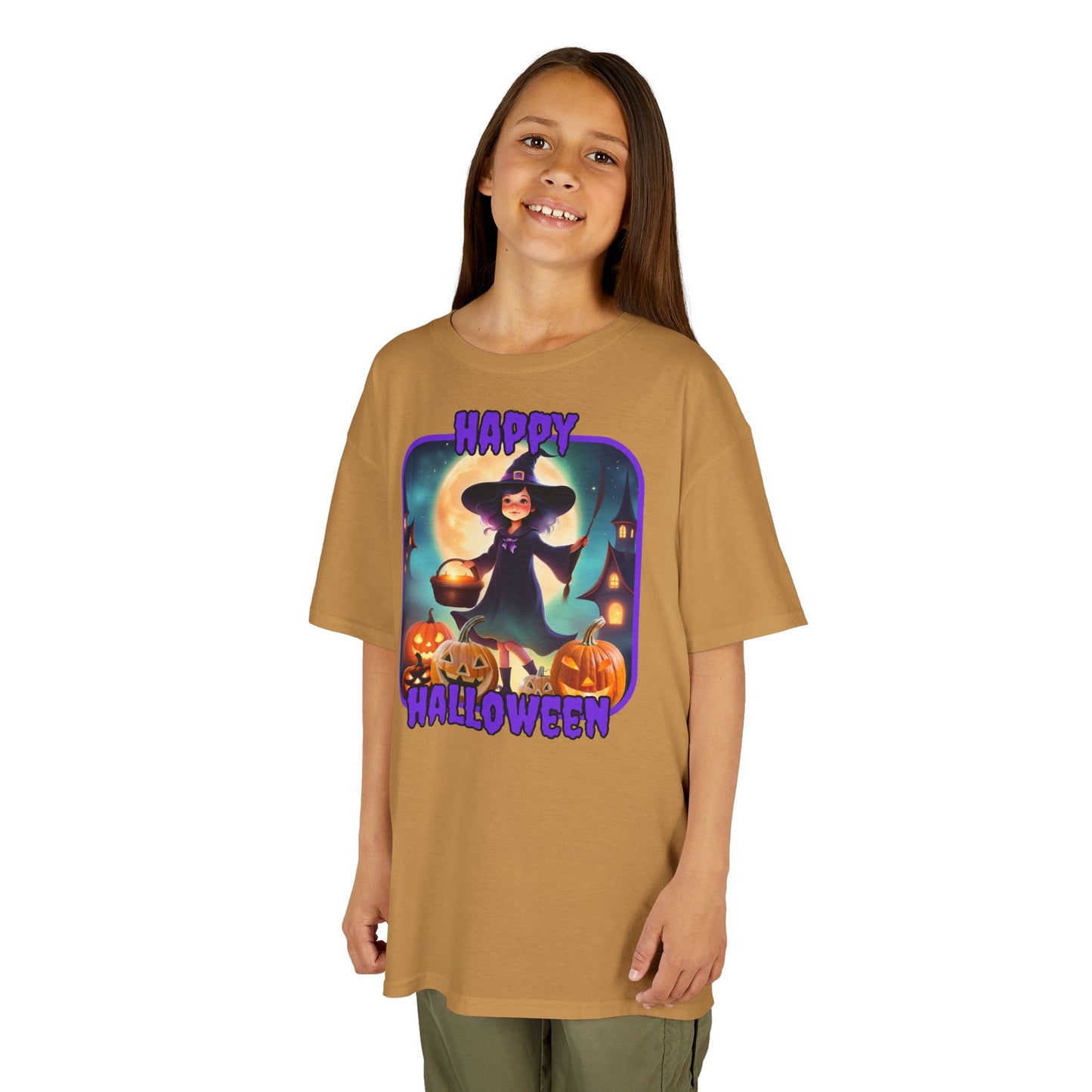 Happy Halloween Little Witch Purple font Kids Heavy Cotton™ Tee by CreepyCrafts.boo
