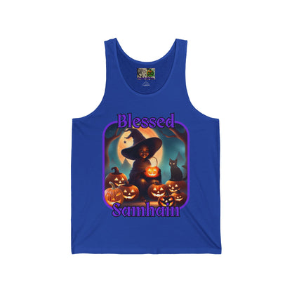 Blessed Samhain Cute Witch Purple font Unisex Jersey Tank Top by CreepyCrafts.boo
