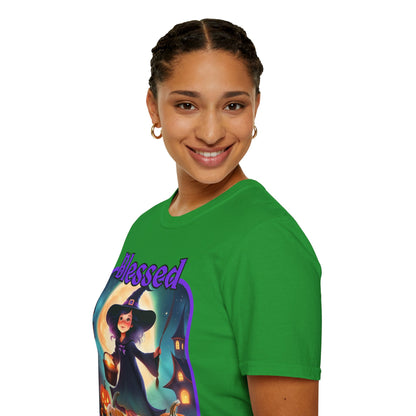 Blessed Samhain Little Witch Purple font Dark colors Unisex T-Shirt by CreepyCrafts.boo