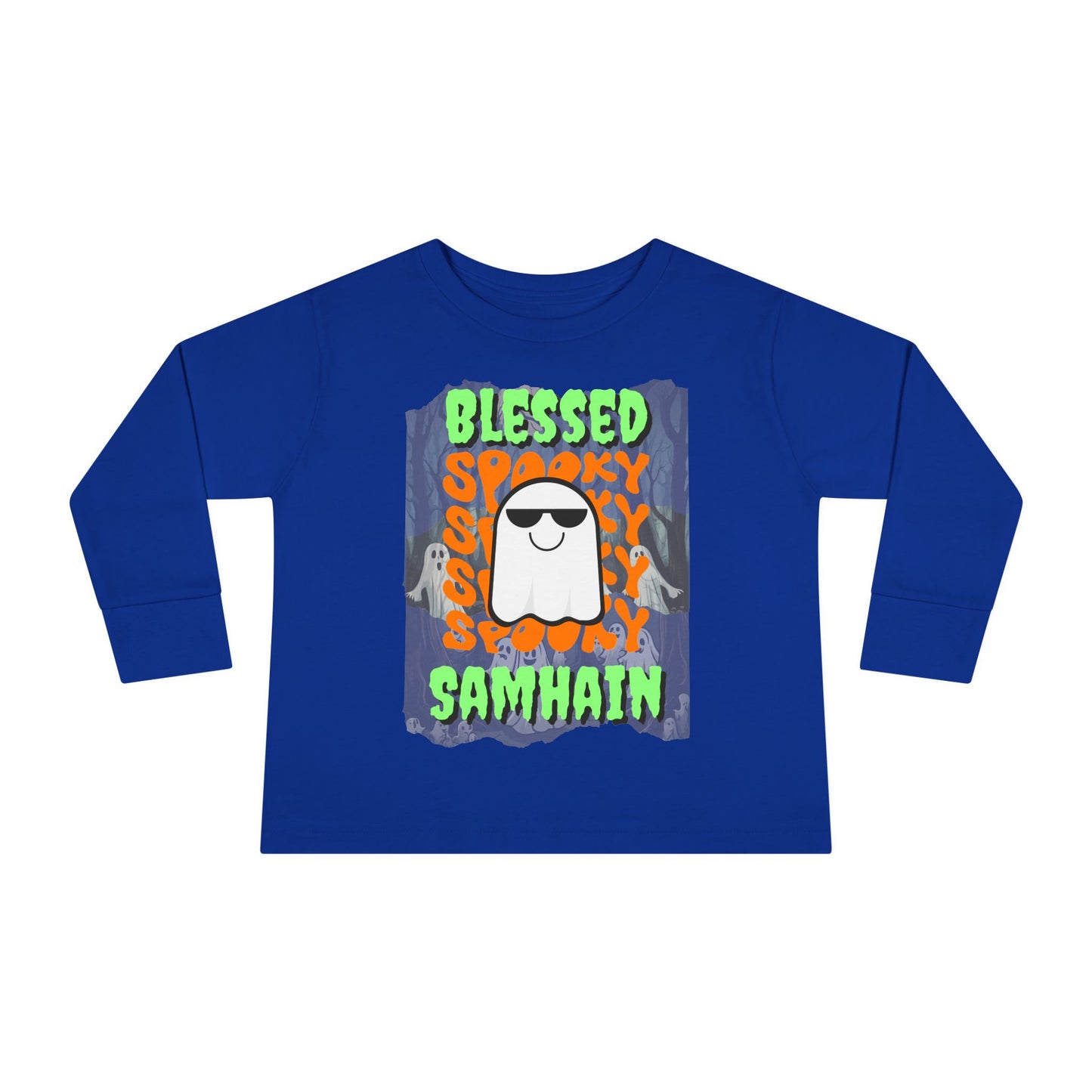 Spooky Blessed Samhain Ghost Green font Toddler Long Sleeve Tee by CreepyCrafts.boo