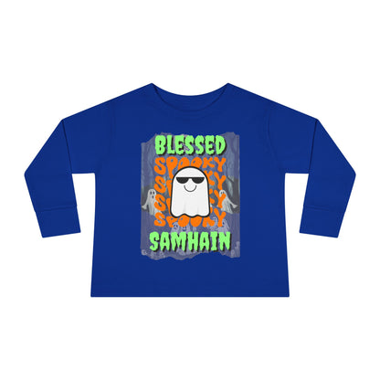 Spooky Blessed Samhain Ghost Green font Toddler Long Sleeve Tee by CreepyCrafts.boo
