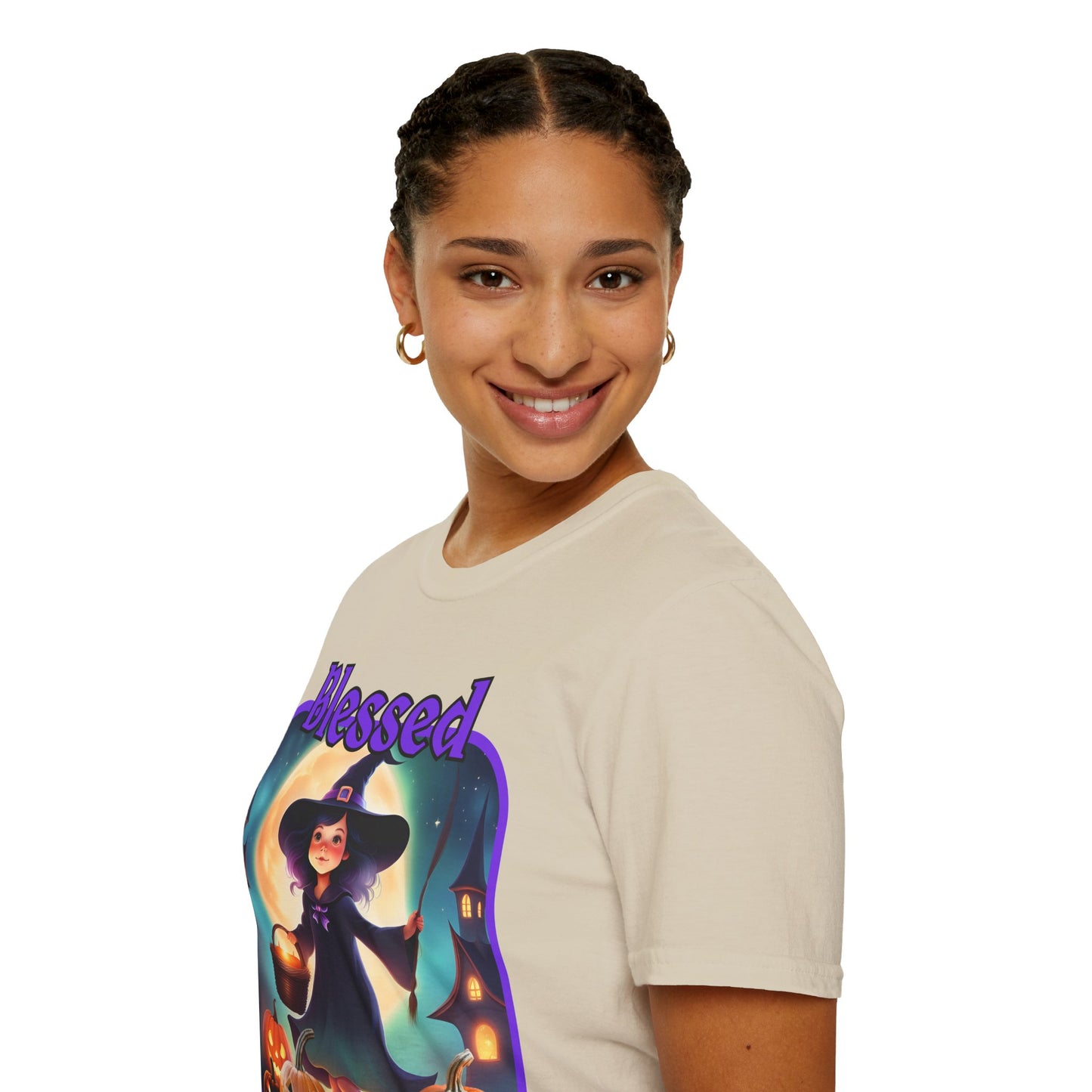 Blessed Samhain Little Witch Purple font Light colors Unisex T-Shirt by CreepyCrafts.boo