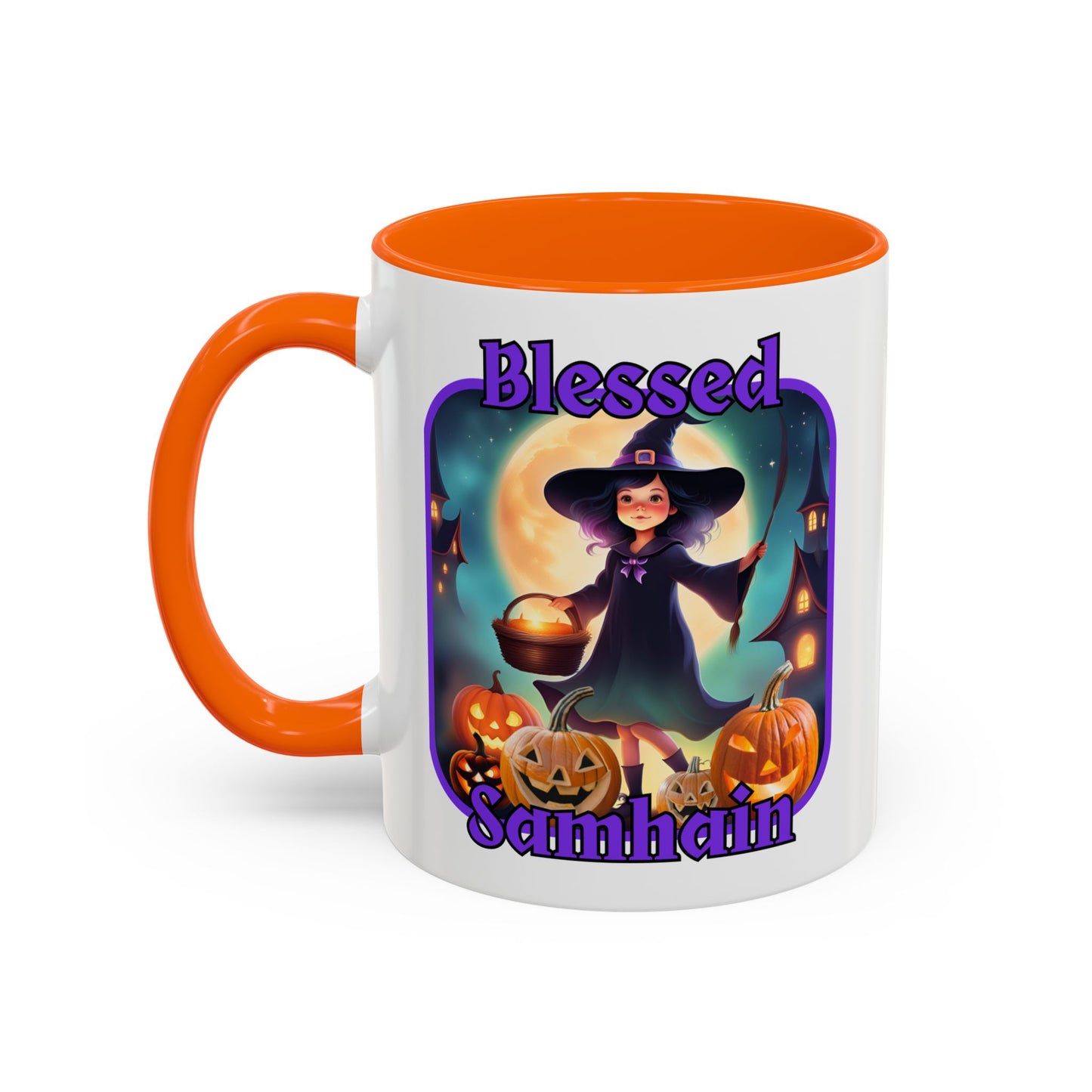 Blessed Samhain Little Witch Purple font White Accent Mug by CreepyCrafts.boo