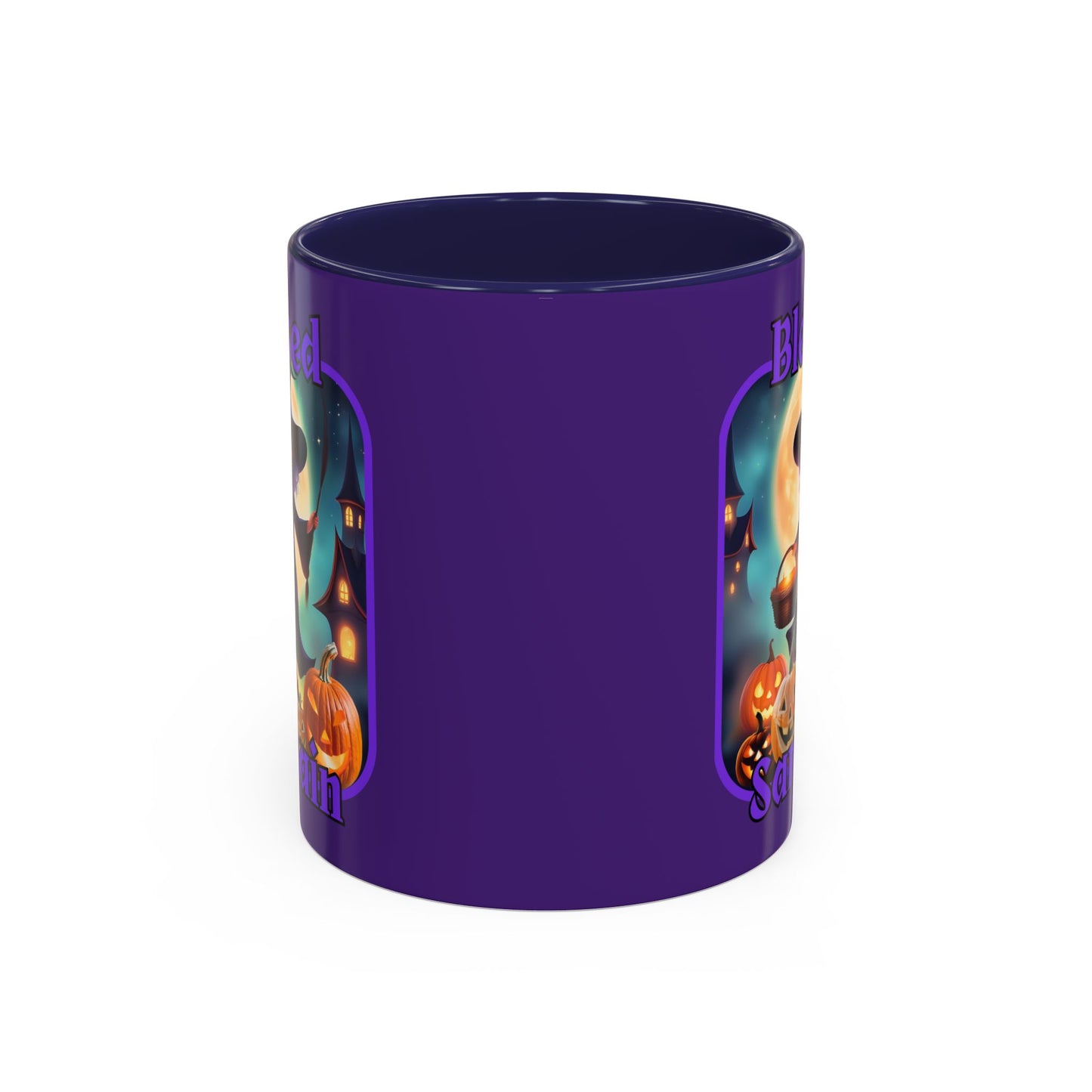 Blessed Samhain Little Witch Purple font Purple Accent Mug by CreepyCrafts.boo