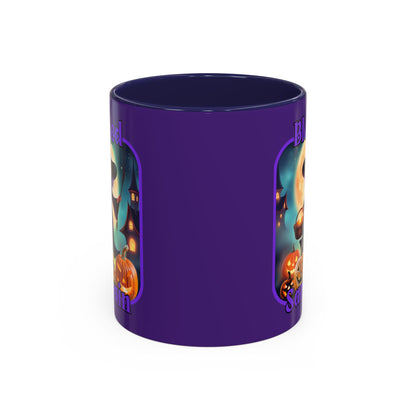 Blessed Samhain Little Witch Purple font Purple Accent Mug by CreepyCrafts.boo
