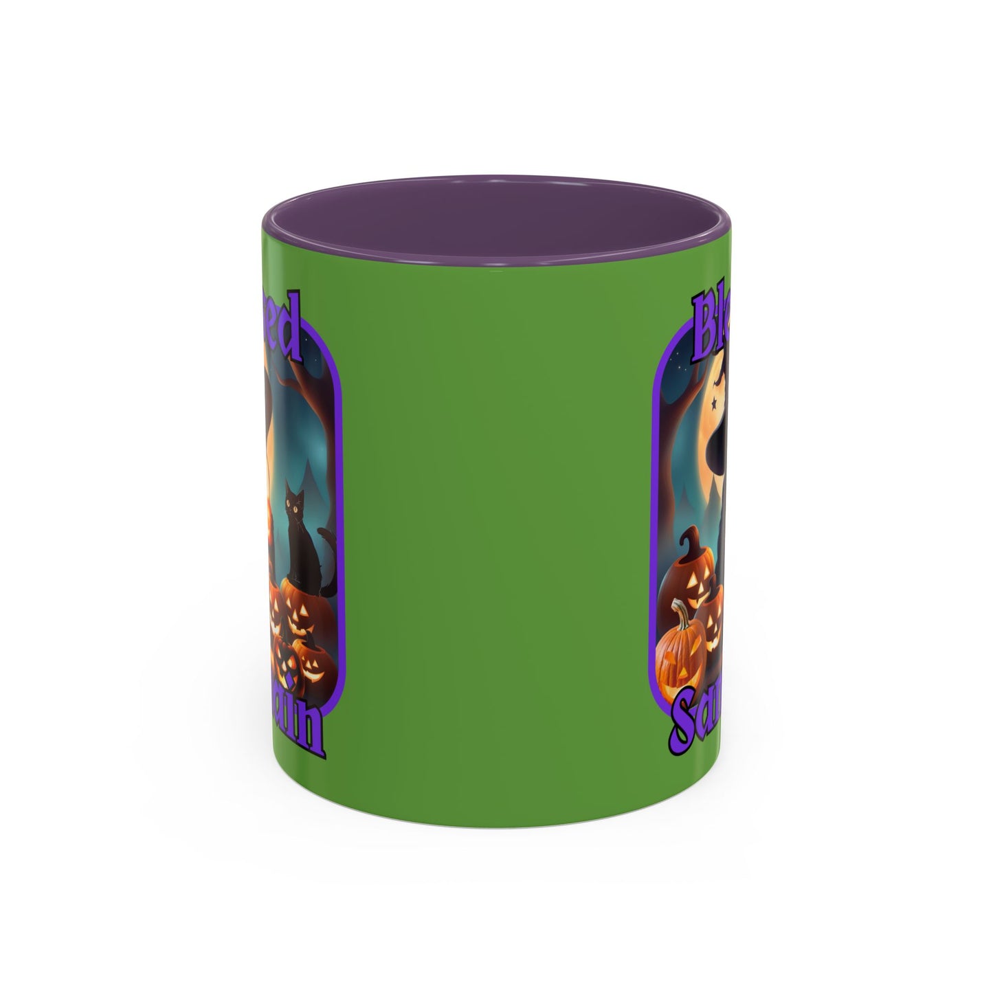 Blessed Samhain Cute Witch Purple font Green Accent Mug by CreepyCrafts.boo
